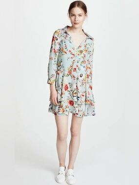 Alice + Olivia Blue Floral Silk Button Down Mini Dress Size 4
